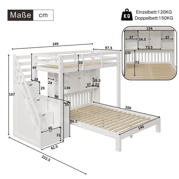 Lasten kerrossänky 90x200 cm + 140x200 cm - säilytystikkailla ja irrotettavalla pöydällä - Massiivipuu ja MDF - valkoinen