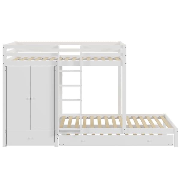 Kombinerad våningssäng 2x90x200 cm + utdragbar säng 90x190 cm - med 1 garderob, 2 lådor och hyllor - vit