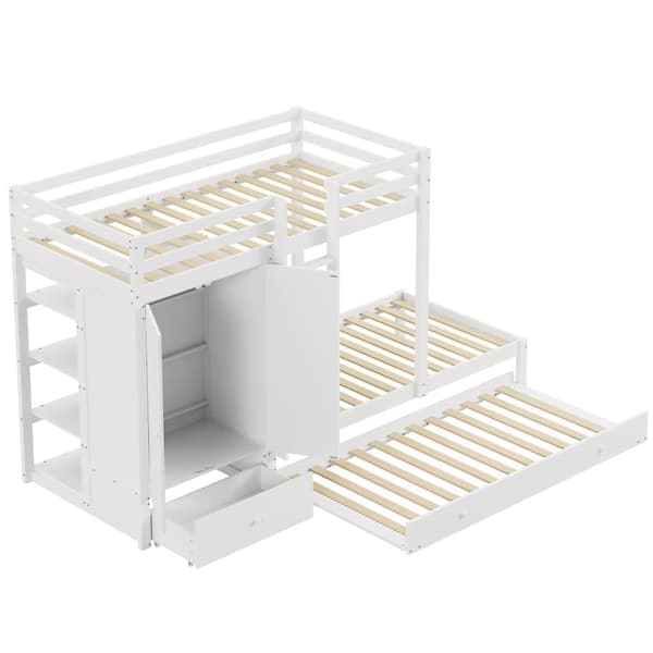 Kombinerad våningssäng 2x90x200 cm + utdragbar säng 90x190 cm - med 1 garderob, 2 lådor och hyllor - vit