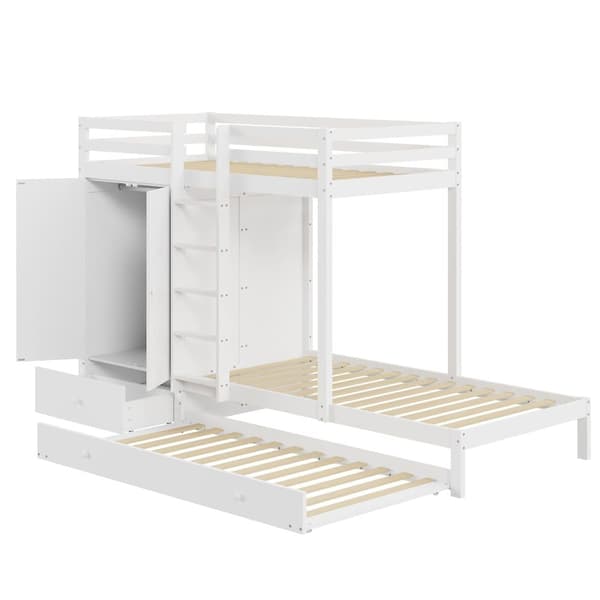 Kombinerad våningssäng 2x90x200 cm + utdragbar säng 90x190 cm - med 1 garderob, 2 lådor och hyllor - vit