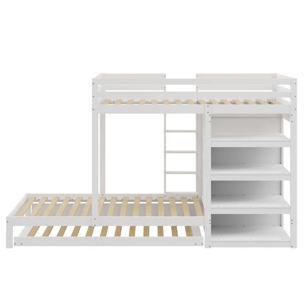 Kombinerad våningssäng 2x90x200 cm + utdragbar säng 90x190 cm - med 1 garderob, 2 lådor och hyllor - vit