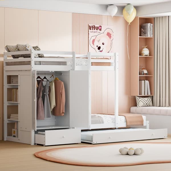 Kombinerad våningssäng 2x90x200 cm + utdragbar säng 90x190 cm - med 1 garderob, 2 lådor och hyllor - vit