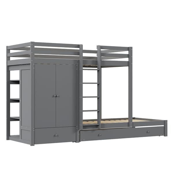 Køjeseng 2x90x200 cm + udtræksseng 90x190 cm - med 1 garderobeskab, 2 skuffer og hylder - grå