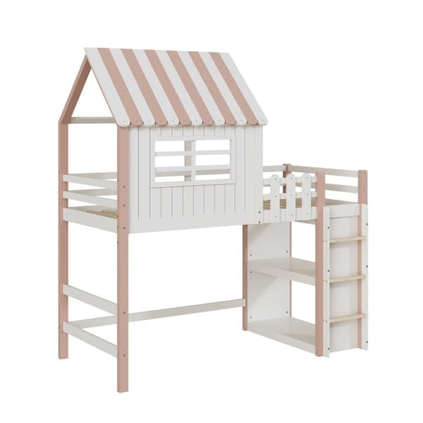 Loftbädd Husbädd Barnsäng 90x200cm med säkerhetsstege och förvaringsfack - Rosa
