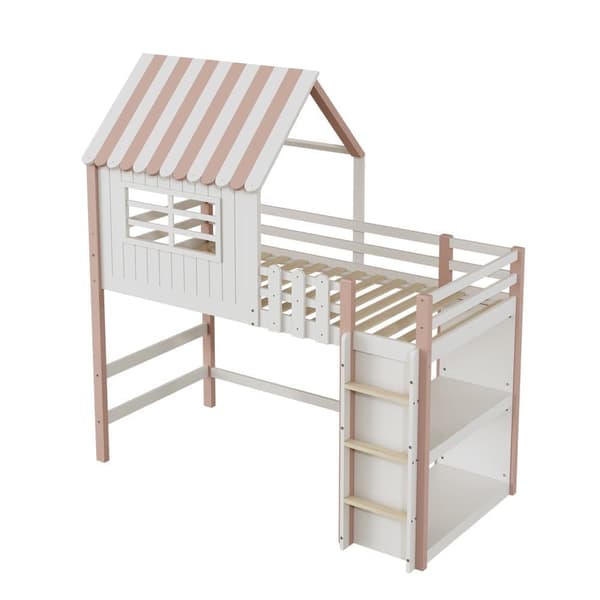 Loftbädd Husbädd Barnsäng 90x200cm med säkerhetsstege och förvaringsfack - Rosa