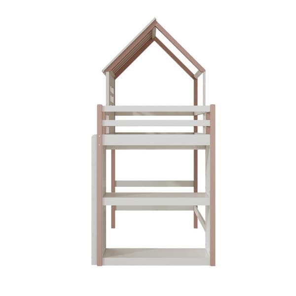Loftbädd Husbädd Barnsäng 90x200cm med säkerhetsstege och förvaringsfack - Rosa