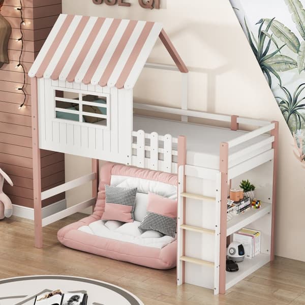 Loftbädd Husbädd Barnsäng 90x200cm med säkerhetsstege och förvaringsfack - Rosa
