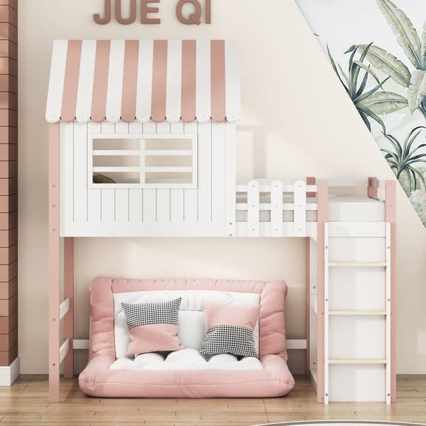Loftbädd Husbädd Barnsäng 90x200cm med säkerhetsstege och förvaringsfack - Rosa