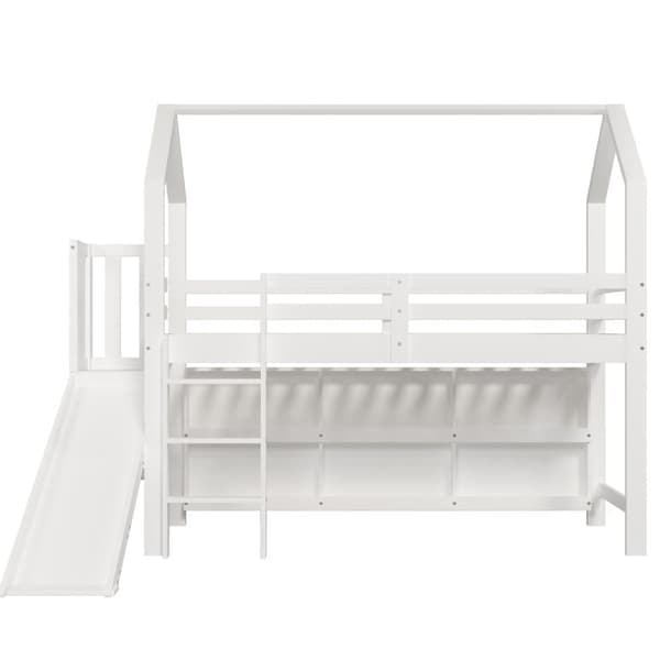 Mezzanine-säng 90x200cm - med glid + trappa + skåp + hylla - i furu och MDF - Vit