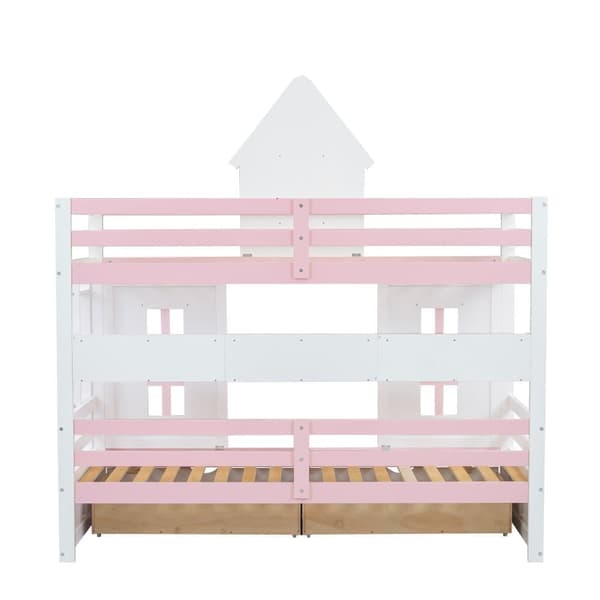 Våningssäng, prinsessäng 90 x 200 cm - 2 lådor på hjul och öppna hyllor - tillverkad av furu och MDF - Rosa