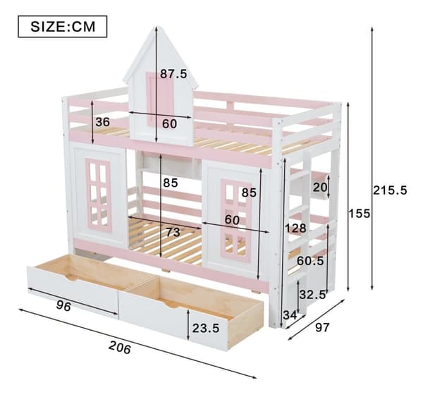 Våningssäng, prinsessäng 90 x 200 cm - 2 lådor på hjul och öppna hyllor - tillverkad av furu och MDF - Rosa