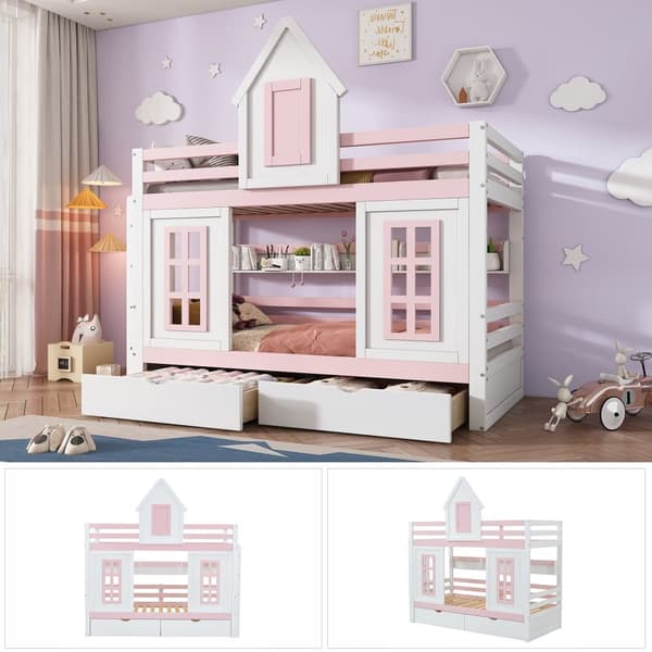 Våningssäng, prinsessäng 90 x 200 cm - 2 lådor på hjul och öppna hyllor - tillverkad av furu och MDF - Rosa