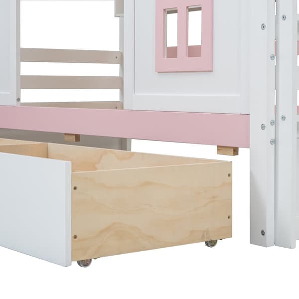 Våningssäng, prinsessäng 90 x 200 cm - 2 lådor på hjul och öppna hyllor - tillverkad av furu och MDF - Rosa