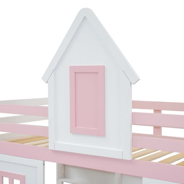 Våningssäng, prinsessäng 90 x 200 cm - 2 lådor på hjul och öppna hyllor - tillverkad av furu och MDF - Rosa