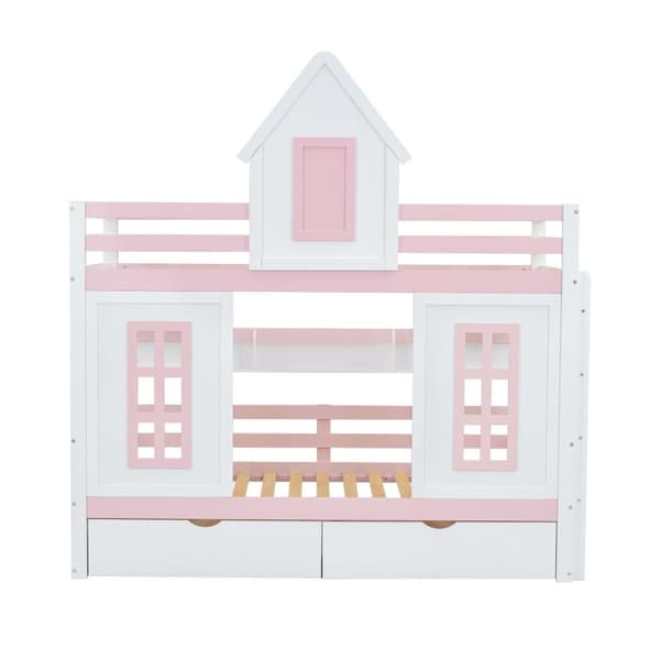 Våningssäng, prinsessäng 90 x 200 cm - 2 lådor på hjul och öppna hyllor - tillverkad av furu och MDF - Rosa