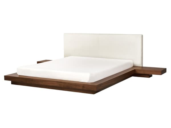 Parisänky ruskea MDF-levy 160 x 200 cm sälepohja yöpöydät valkoinen bukleekangas sängynpääty matala moderni tyyli