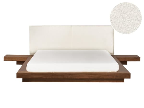 Parisänky ruskea MDF-levy 160 x 200 cm sälepohja yöpöydät valkoinen bukleekangas sängynpääty matala moderni tyyli