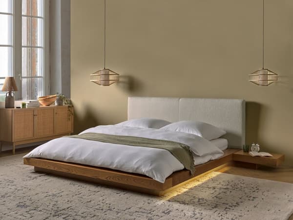 Seng Lyst Træ 160 x 200 cm Moderne Dobbeltseng med Sengegavl To Mands Lav Sengeramme LED Futon Minimalistisk Design Træseng Japansk