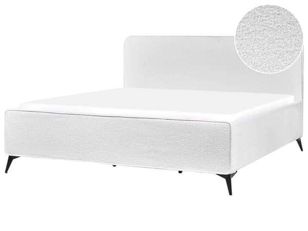 Sängram Off-White Bouclé Klädsel Svart Metall Ben 180 x 200 cm Lamell med Wingback Huvudgavel Sovrum Modern Minimalist