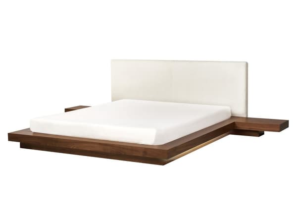 Seng Brunt Træ 160 x 200 cm Moderne Dobbeltseng med Sengegavl To Mands Lav Sengeramme LED Futon Minimalistisk Design Træseng Japansk