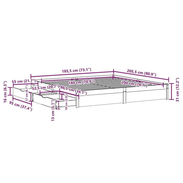 vidaXL Sengeramme uten madrass 180x200 cm heltre furu