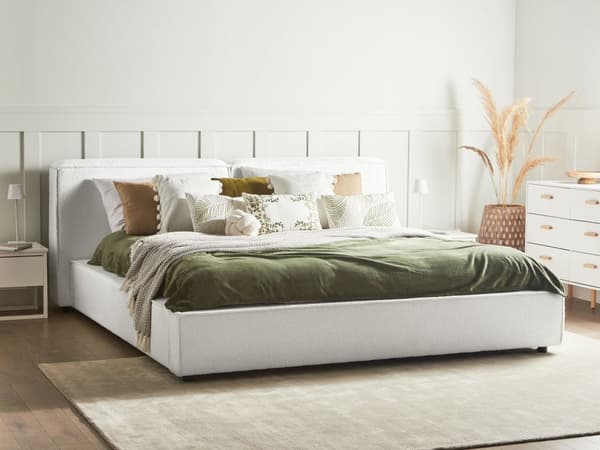 Polstret seng Hvit Boucle med spileramme 180 x 200 cm Høy vattert hodegjerde Retrodesign Dobbeltseng Ekteskapsseng Soveromsmøbler Møbler