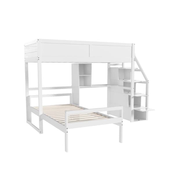 90x200cm våningssäng i massivt trä - med förvaringsstege och skrivbord - Vit