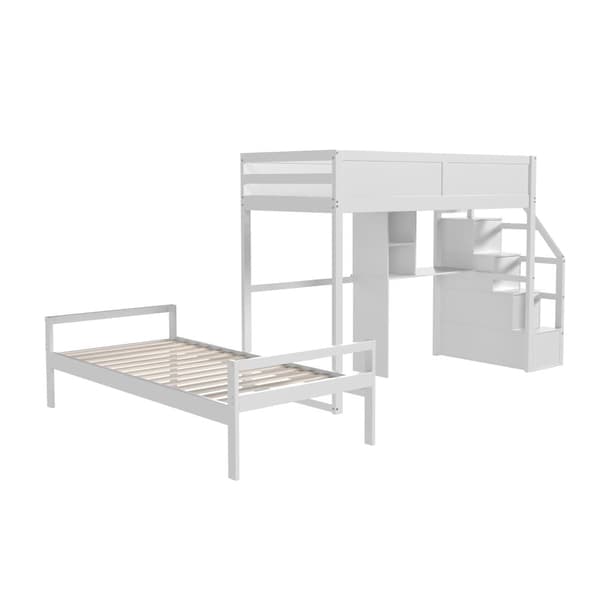 90x200cm våningssäng i massivt trä - med förvaringsstege och skrivbord - Vit