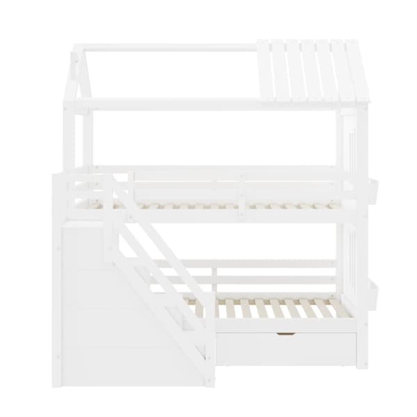 Barnvåningssäng 90x200cm - med förvaringsstege + 2 lådor + hyllor - furu och MDF - Vit