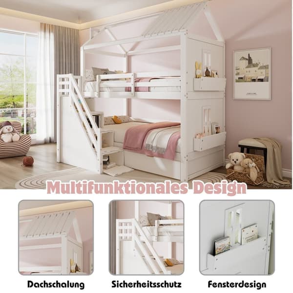 Barnvåningssäng 90x200cm - med förvaringsstege + 2 lådor + hyllor - furu och MDF - Vit