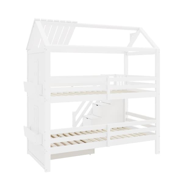 Barnvåningssäng 90x200cm - med förvaringsstege + 2 lådor + hyllor - furu och MDF - Vit