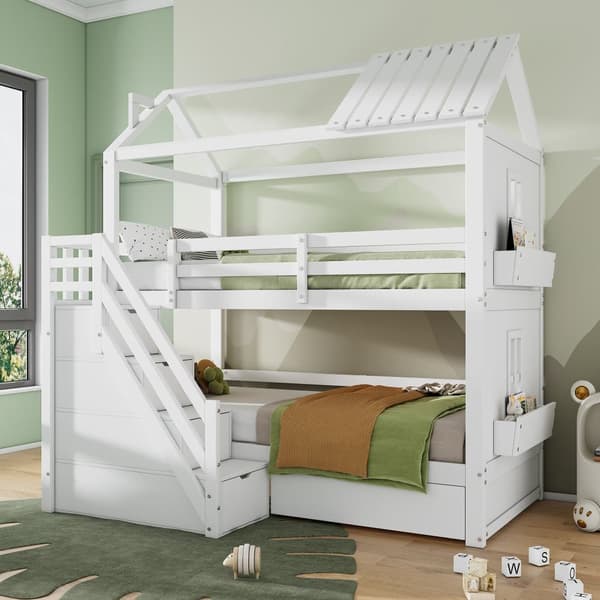 Barnvåningssäng 90x200cm - med förvaringsstege + 2 lådor + hyllor - furu och MDF - Vit