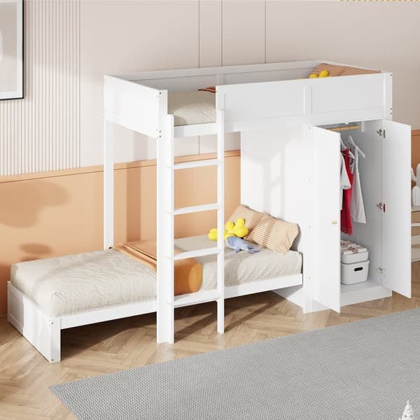 Køjeseng 90x200cm - med trappe og garderobe - 2 lameller - hvid