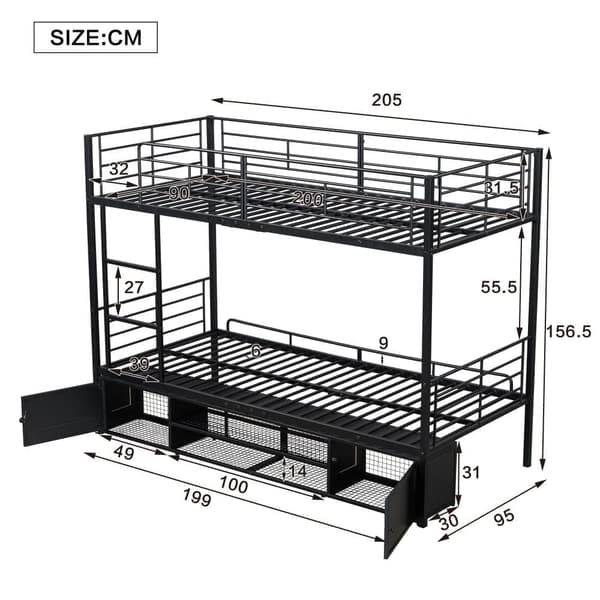 Våningssäng i järn 90x200cm - med skohylla och stege - Svart
