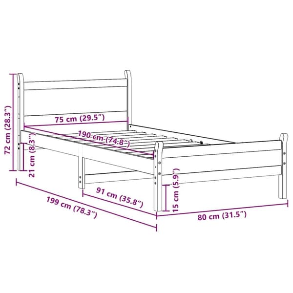 vidaXL Sengeramme uten madrass voksbrun 75x190 cm heltre furu