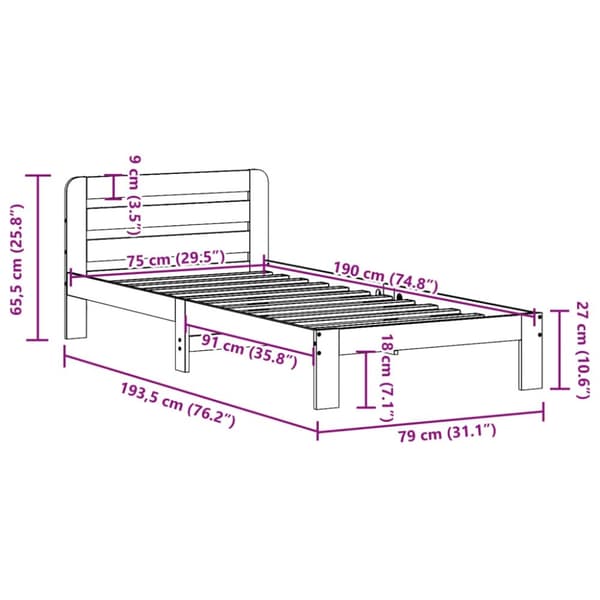 vidaXL Sengeramme uten madrass hvit 75x190 cm heltre furu