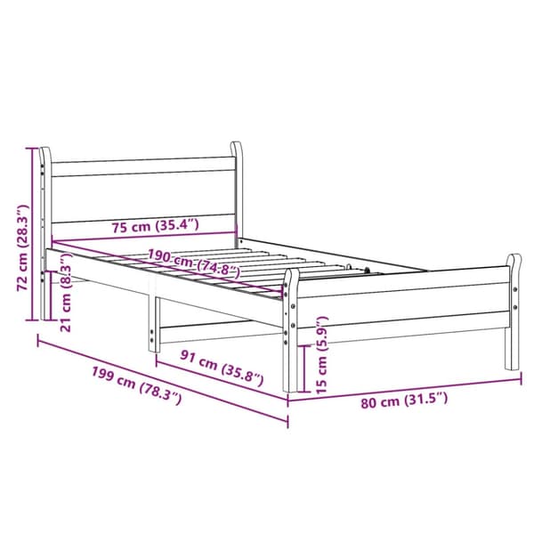 vidaXL Sengeramme uten madrass hvit 75x190 cm heltre furu