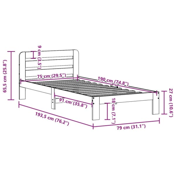 vidaXL Sengeramme uten madrass voksbrun 75x190 cm heltre furu
