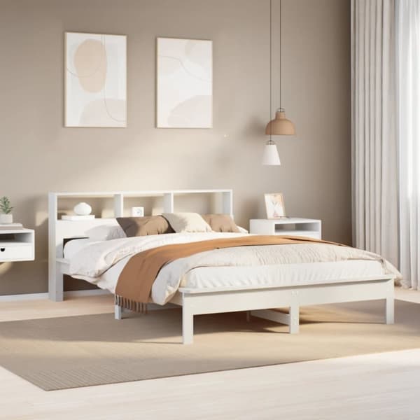 vidaXL Säng med bokhylla utan madrass vit 120x200 cm massiv furu