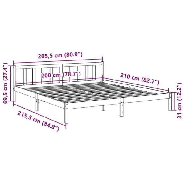 vidaXL Sängynrunko erikoispitkä ilman patjaa 200x210 cm täysi mänty