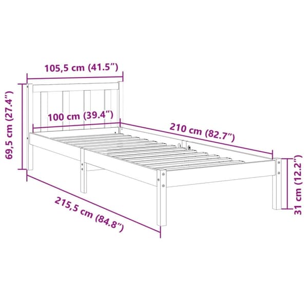 vidaXL Ekstra lang sengeramme uten madrass hvit 100x210 cm heltre furu