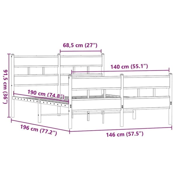 vidaXL Sengeramme i metall uten madrass røkt eik 140x190 cm