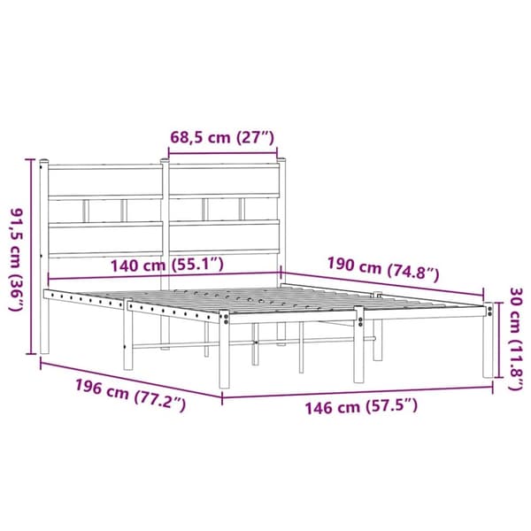 vidaXL Sengeramme i metall uten madrass røkt eik 140x190 cm