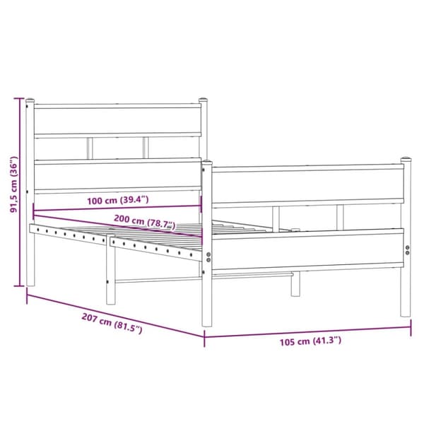 vidaXL Sengeramme i metall uten madrass røkt eik 100x200 cm