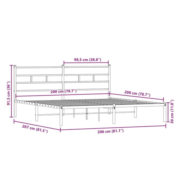 vidaXL Sengeramme i metall uten madrass røkt eik 200x200 cm