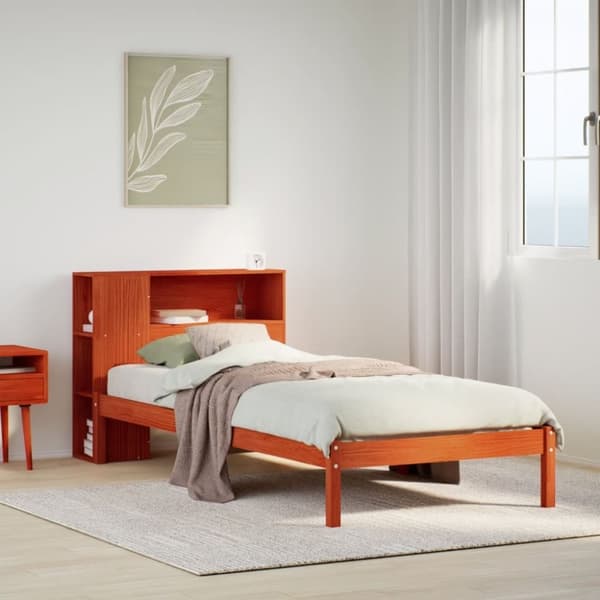 vidaXL Seng med bokhylle uten madrass voksbrun 75x190 cm heltre furu
