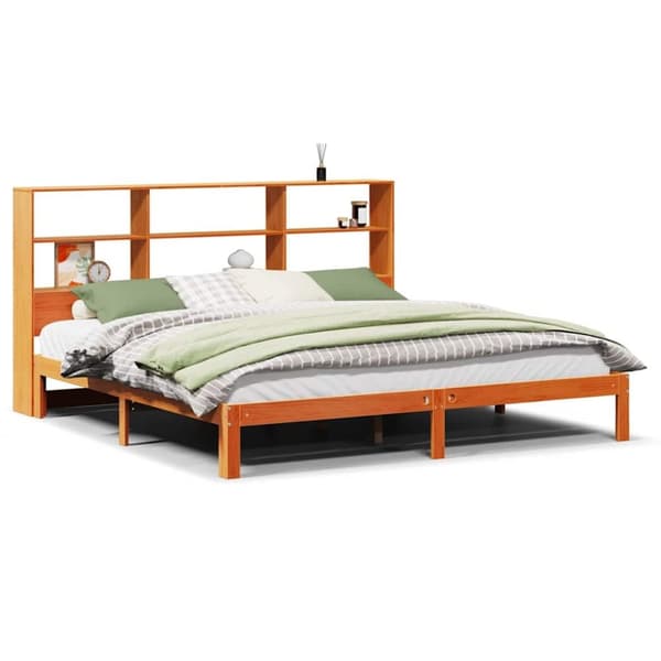 vidaXL Seng med bokhylle uten madrass voksbrun 180x200 cm heltre furu