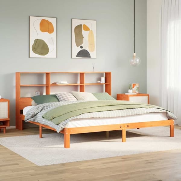 vidaXL Seng med bokhylle uten madrass voksbrun 180x200 cm heltre furu