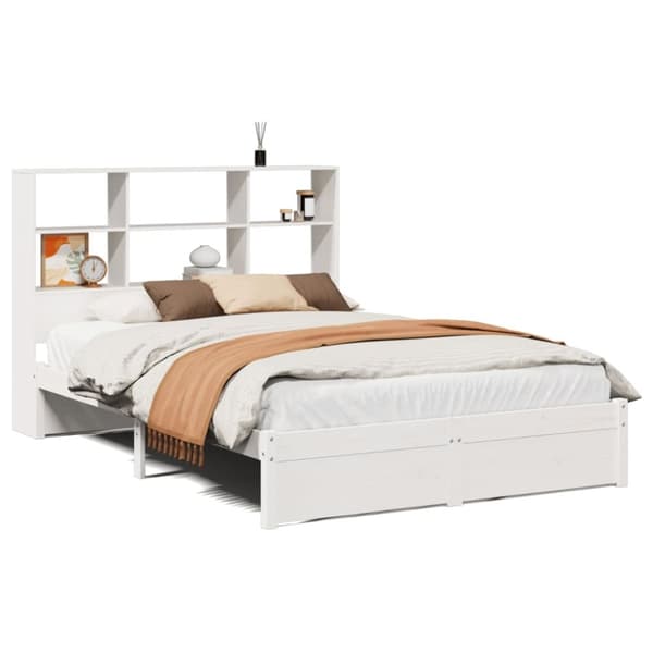 vidaXL Säng med bokhylla utan madrass vit 140x200cm massiv furu
