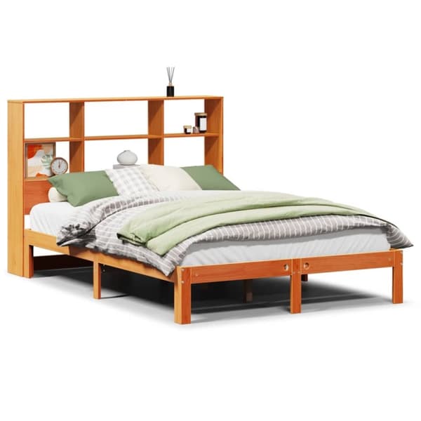 vidaXL Seng med bokhylle uten madrass voksbrun 135x190 cm heltre furu